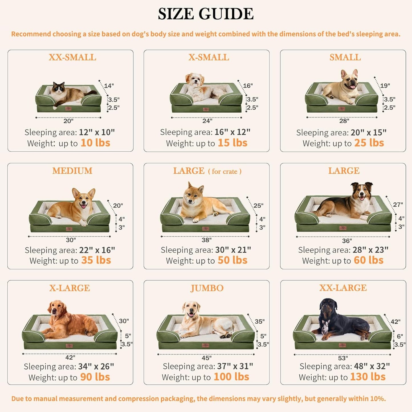 Comfort Expression Orthopedic Bolster Dog Beds Extra Large, XL Dog Beds Waterproof Dogs Beds, Washable Dogs Beds Sofa with Removable Cover & Non-Slip Bottom(X-Large,Light Green)