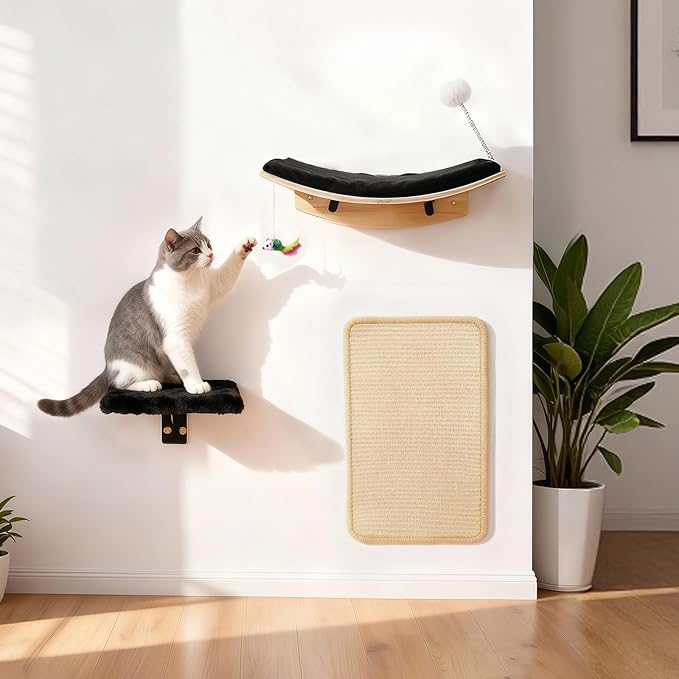 Wooden Cat Wall Shelves and Perches, 5 Piece Wall Mounted Cat Furniture System - Image 2
