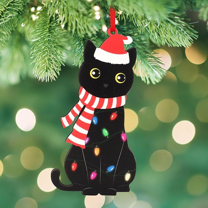 Black Cat Christmas Ornament Wooden Funny Cat Tree Hanging Pet Ornaments Xmas by Fowecelt