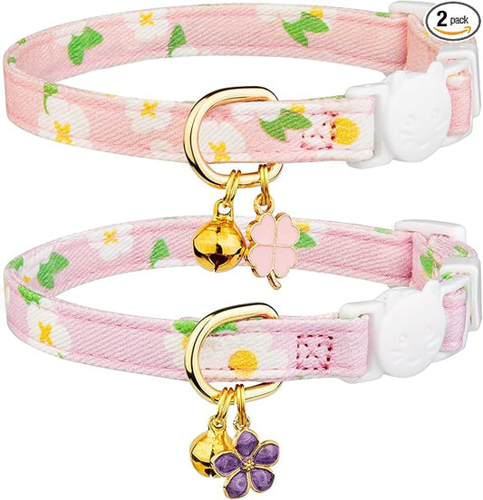 2 Pack Cotton Breakaway Cat Collar Purple and Pink Flowers Pendant Cute Kitten by Fyeqyaou