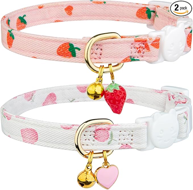 2 Pack Cotton Breakaway Cat Collar Pink Strawberries and White Heart Shaped by Fyeqyaou
