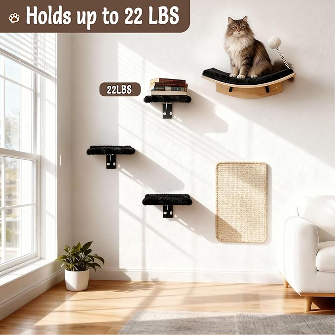 Wooden Cat Wall Shelves and Perches, 5 Piece Wall Mounted Cat Furniture System - Image 8