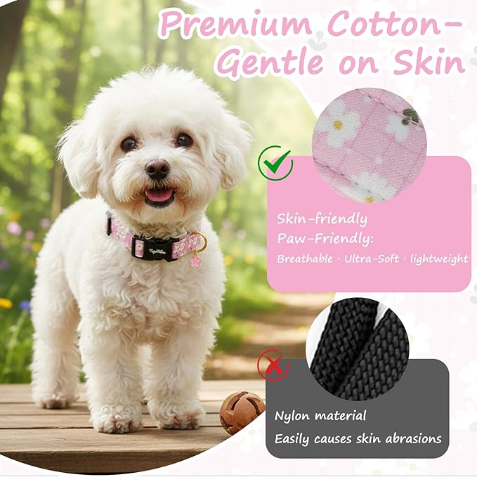 Dog Collar with White Floral Patterns, Spring Summer Collection Pink Dog Collar - Image 4