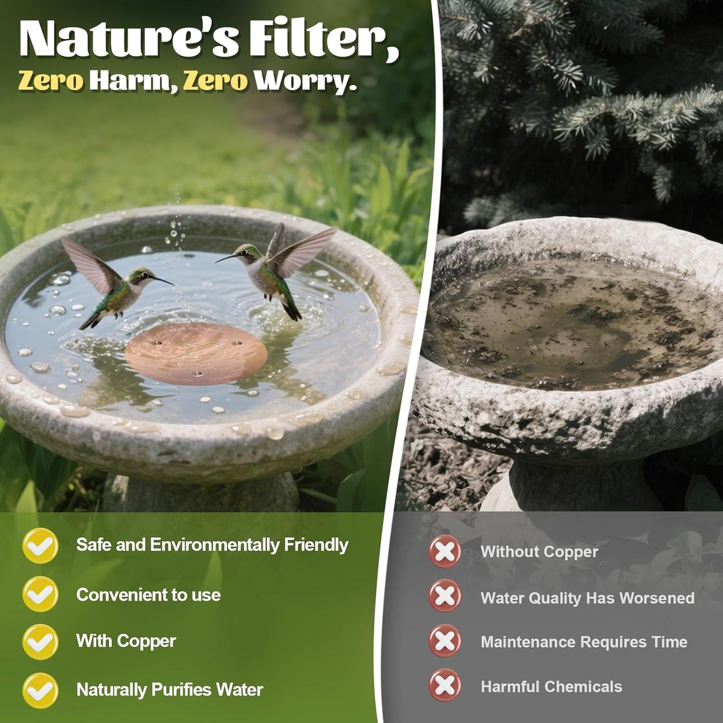 NNG 1 Pack Bird Bath Copper Disk,1mm Thick Reinforced 99.9% Pure Copper Bird Bath Purification Disk with Triple-Point Support,Physical Safe Water Cleaner for Outdoor Birdbaths Bowls,All-Season Use