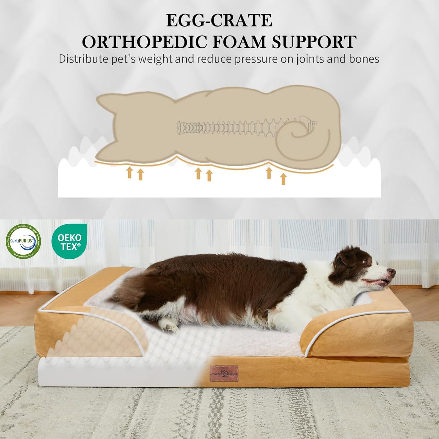 Comfort Expression Jumbo Dog Beds Orthopedic Foam, Waterproof Dog Beds for Jumbo Breed Dogs, PV Washable Dogs Sofa Couch with Removable Cover & Non-Slip Bottom(Khaki)