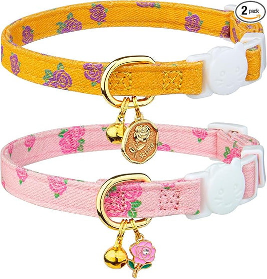 2 Pack Cotton Breakaway Cat Collar Yellow and Pink Rose Pendant Cute Kitten Cat by Fyeqyaou