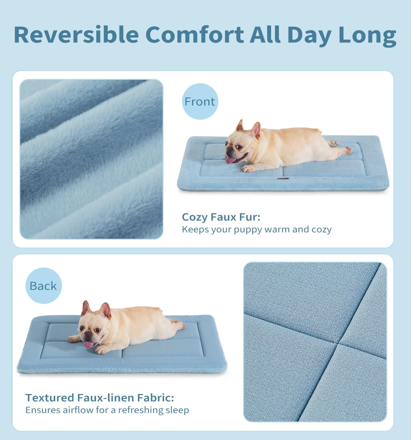 Made4Pets Dog Crate Pad Bed for Medium Large Dogs, Washable & Reversible, Anti-Slip Kennel Mat for Cozy Sleeping, Soft Fluffy Dog Bed for Indoor & Outdoor Use, 35"x23", Blue