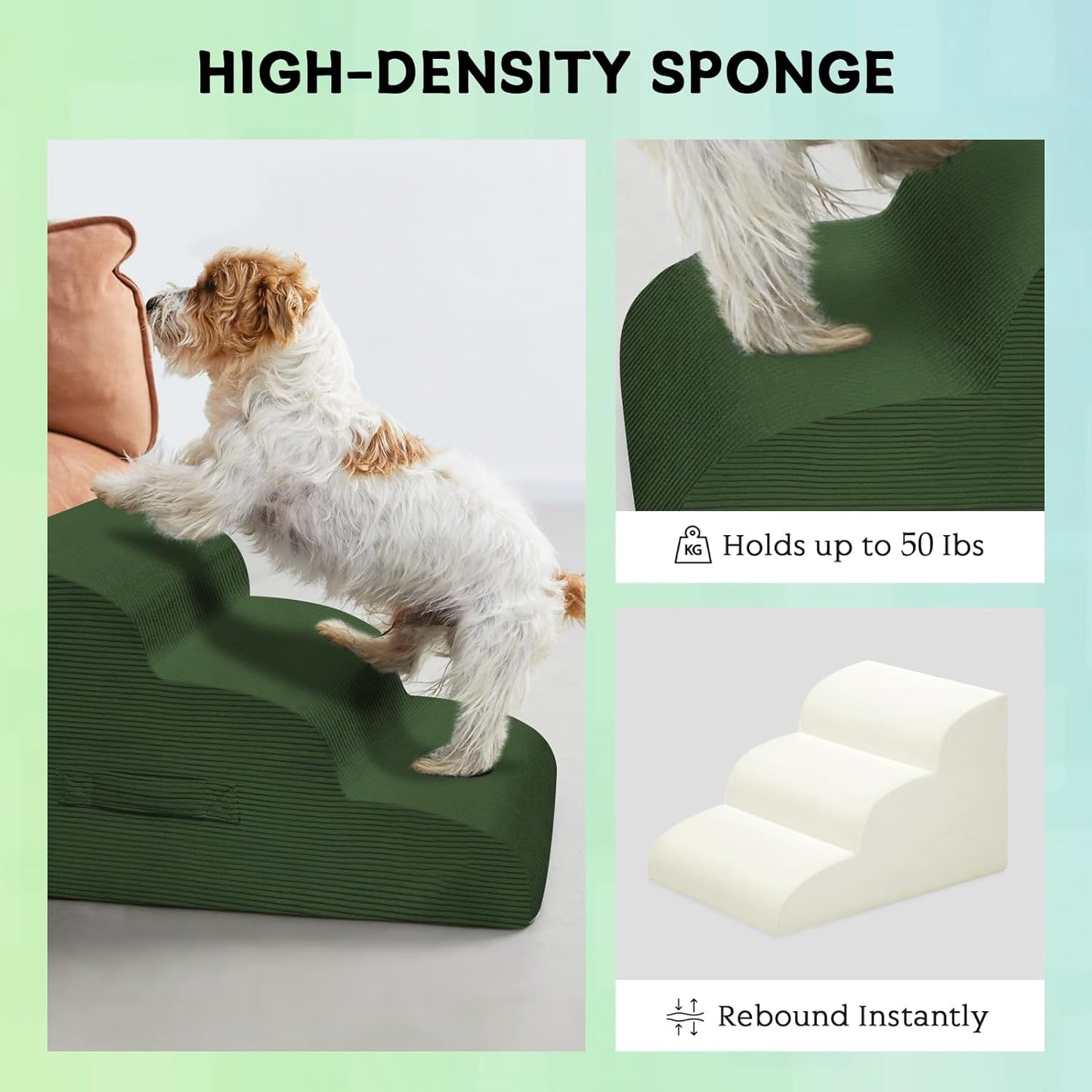 Dog Steps for Small Dogs, 4-Step Pet Ramp Stairs for High Beds and Sofa, Non-Slip Pet Stairs for Small Dogs and Cats, Removable and Easy to Clean Cover, Green