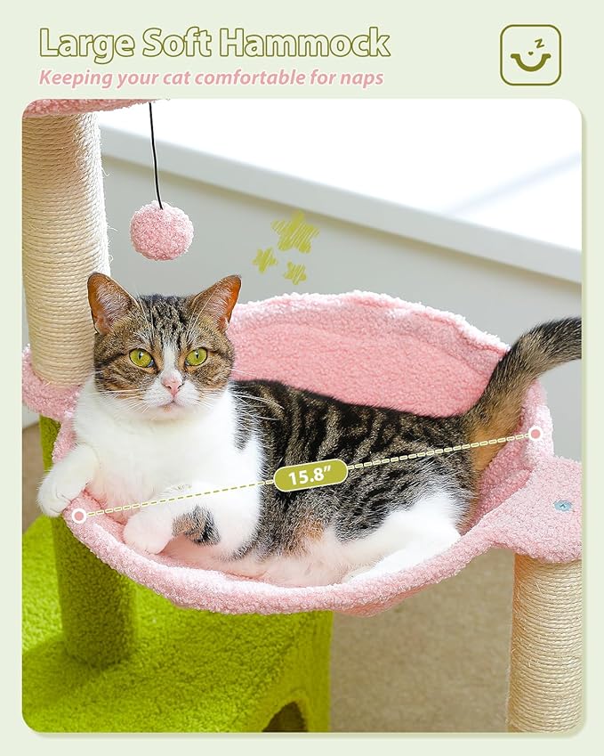 MUTTROS Flower Cat Tree with Large Metal Frame Hammock, Cat Condo with Pink Top - Image 4