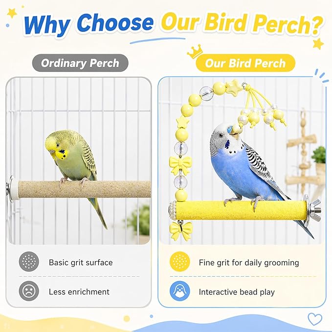 Bird Parrot Perch with Beads and Bow Chew Toy, Cage Platform Toy and Exercise - Image 3