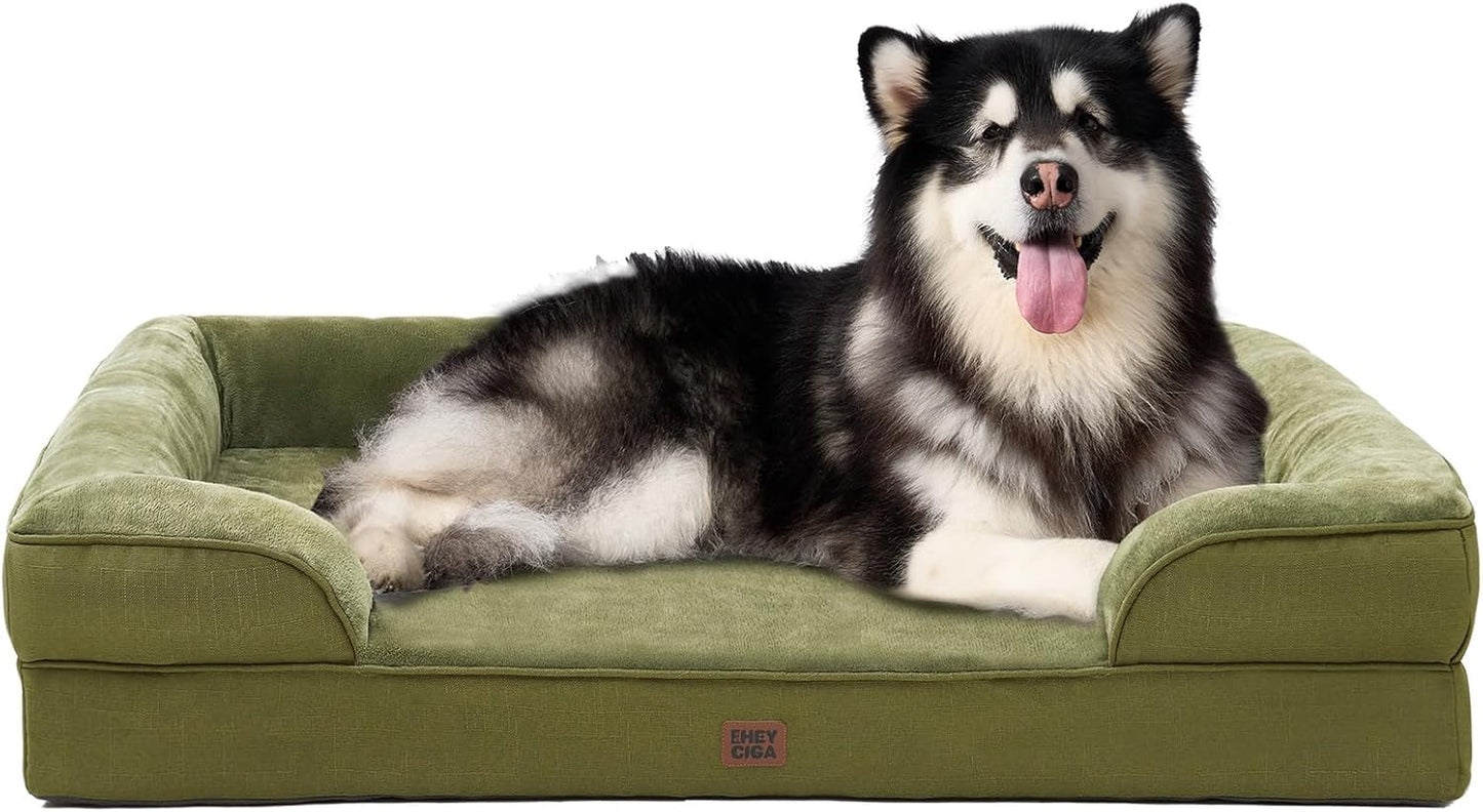EHEYCIGA Orthopedic XXL Dog Bed for Extra Large Dogs, Waterproof Memory Foam Couch Bed with Sides, Non-Slip Bottom, Washable Removable Cover,Olive Green