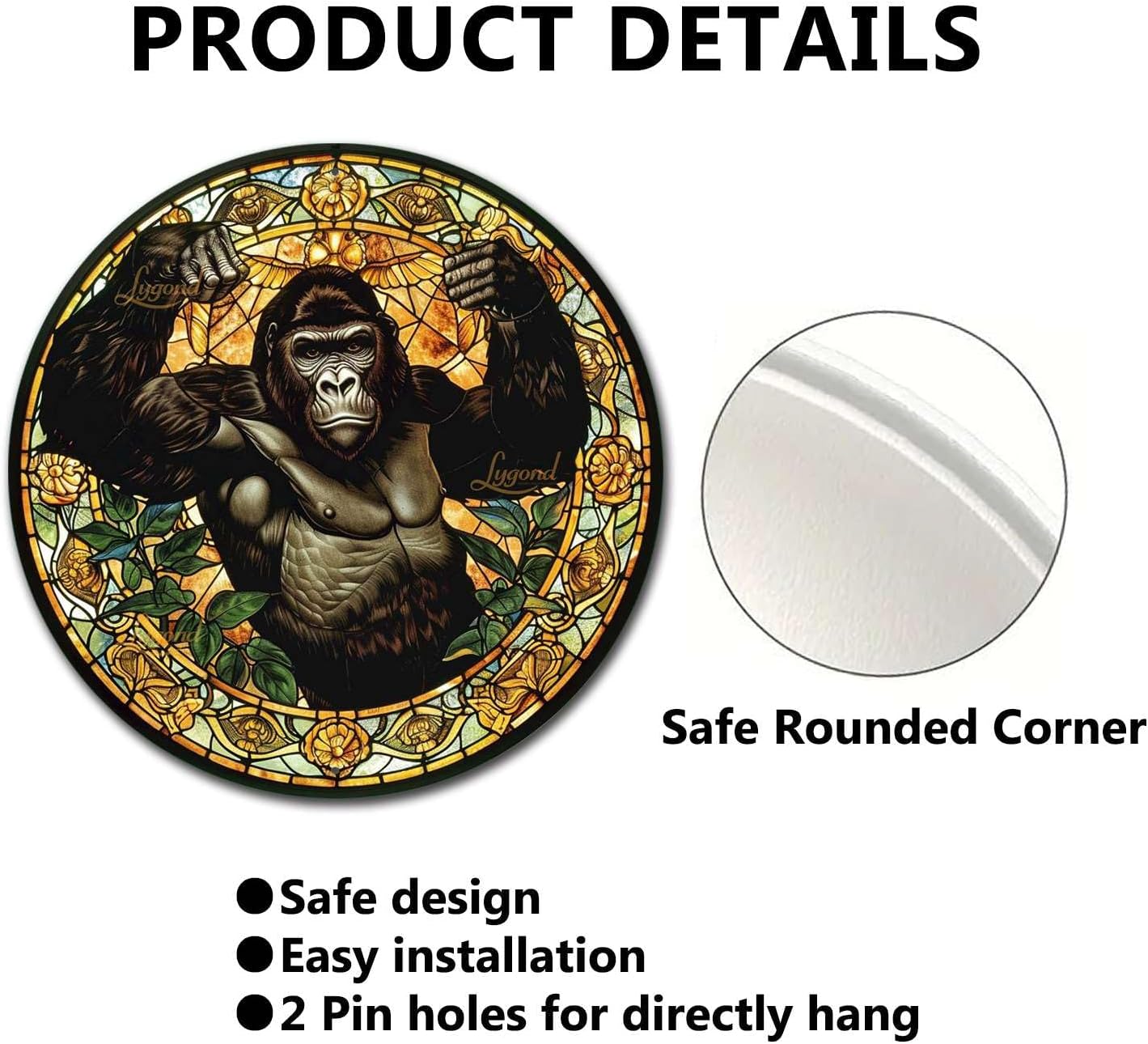 Lygond Metal Gorilla Sign - Stained Glass, 12x12 Inches