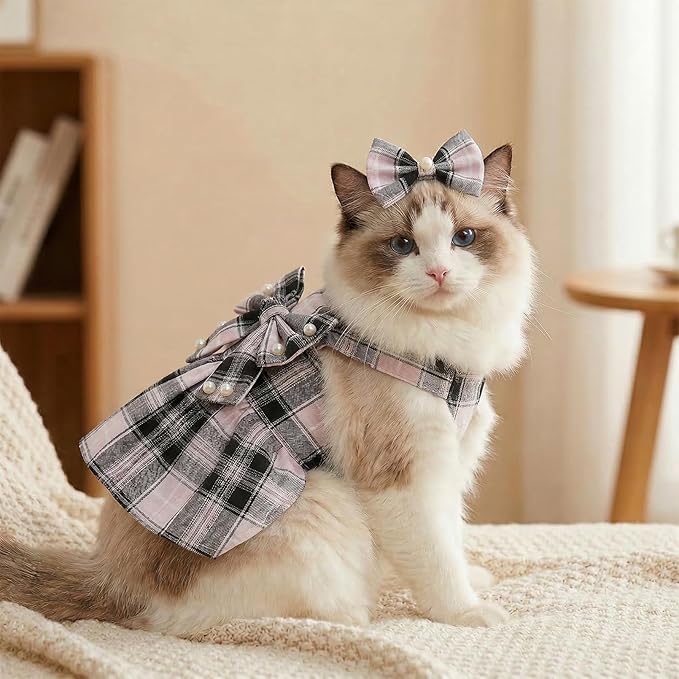 Cute Plaid Dog Dress Clothes for Small Dogs Cats Girl Black and Pink Plaid Dog - Image 6