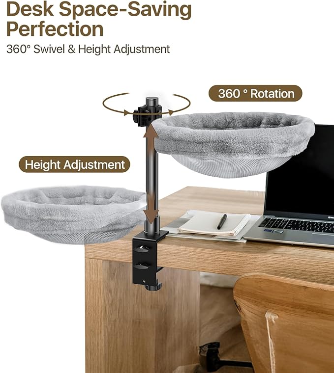 Cat Desk Bed, Cat Hammock for Home Office, 360°Rotating & Adjustable Shelf - Image 3