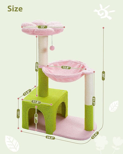 MUTTROS Flower Cat Tree with Large Metal Frame Hammock, Cat Condo with Pink Top - Image 7