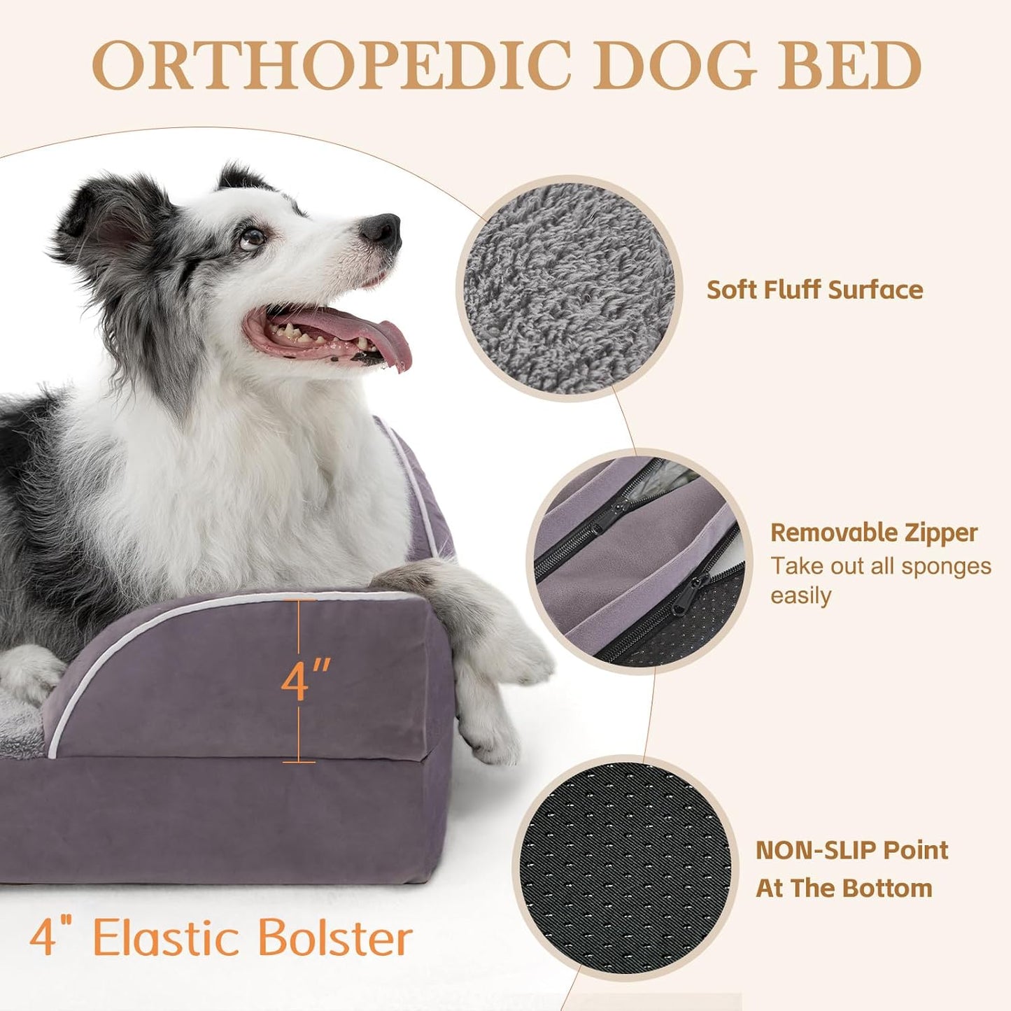 Comfort Expression Medium Dog Beds Waterproof Orthopedic Foam Dog Sofa Beds for Medium Large Dogs Comfy Pet Bed with Washable Removable Cover & Non-Slip Bottom(Medium,Purple)
