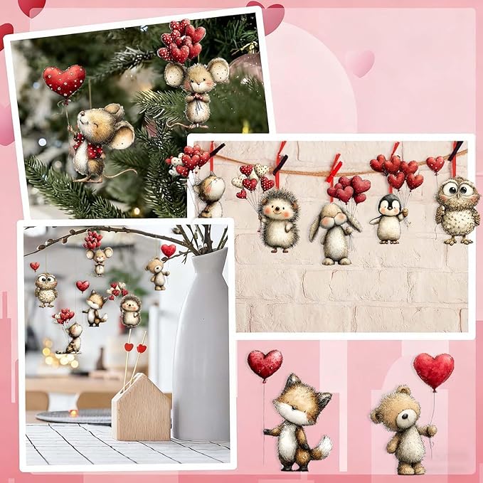 9 Pcs Valentines Day Tree Ornaments Romantic Cute Animal Hedgehog Penguin Take - Image 5