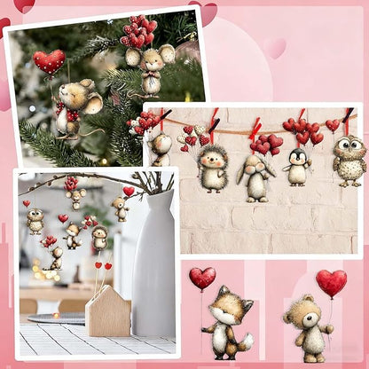 9 Pcs Valentines Day Tree Ornaments Romantic Cute Animal Hedgehog Penguin Take - Image 5