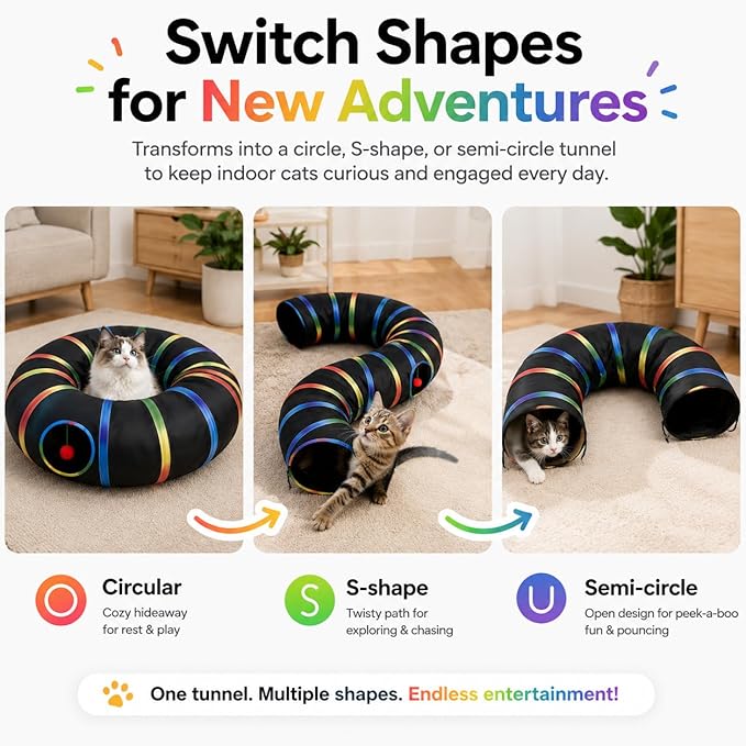 Cat Tunnel Toy with Plush Ball & Cat Wand Feather Toys-Portable Tattaff - Image 2