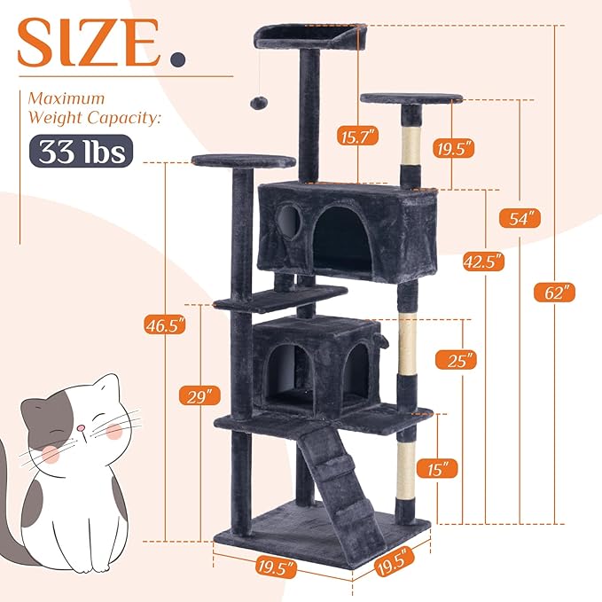 DUMOS 62-inch Indoor Cat Tree Tower –Multi-Level Pet House - Image 2