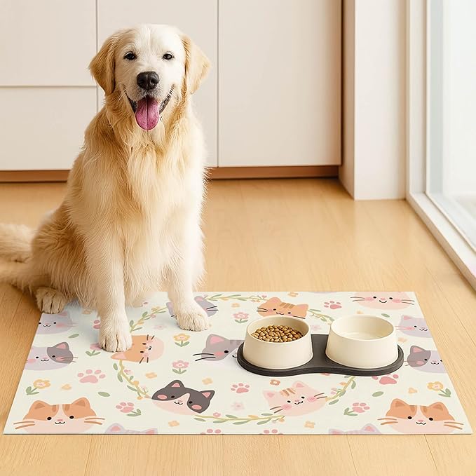 HOMETITUTE Cat Feedings Mats 20x12 inch Beige Cat Print Pet Bowl Placemat Non - Image 3