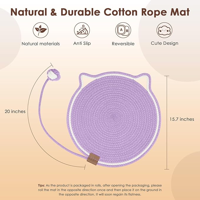 Letalong Cat Scratcher Mat, Natural Cotton Rope Cat Scratch Pad, 15.7'' Round - Image 2