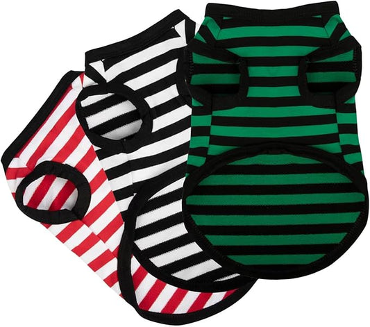 Paiaite 3 Pieces Dog Striped Shirt Red Green Black Color Cotton Sleeveless by Paiaite