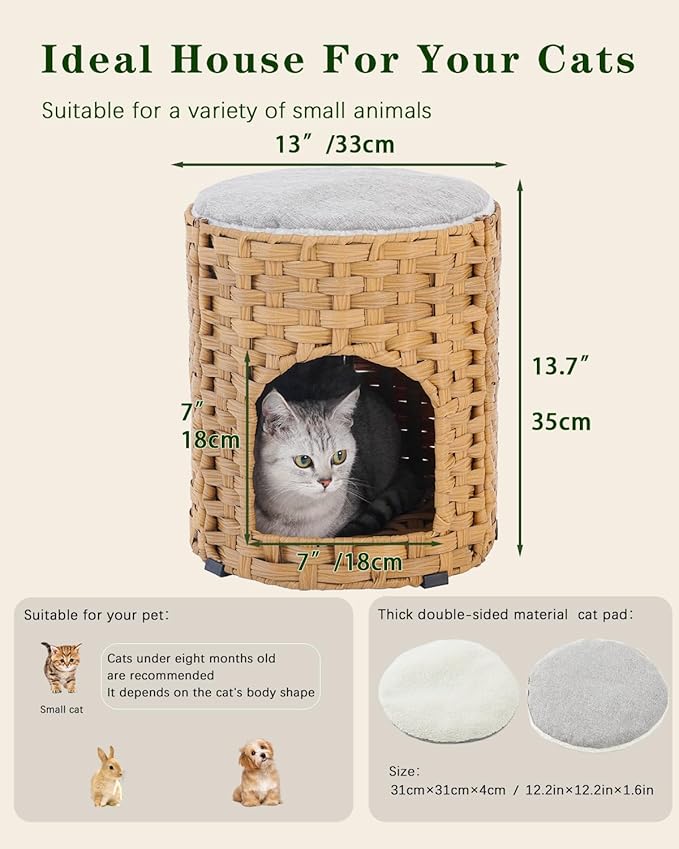 SETVSON Cat House for Indoor Cat, Small Cat Houses Handwoven PE Rattan Kitten - Image 5