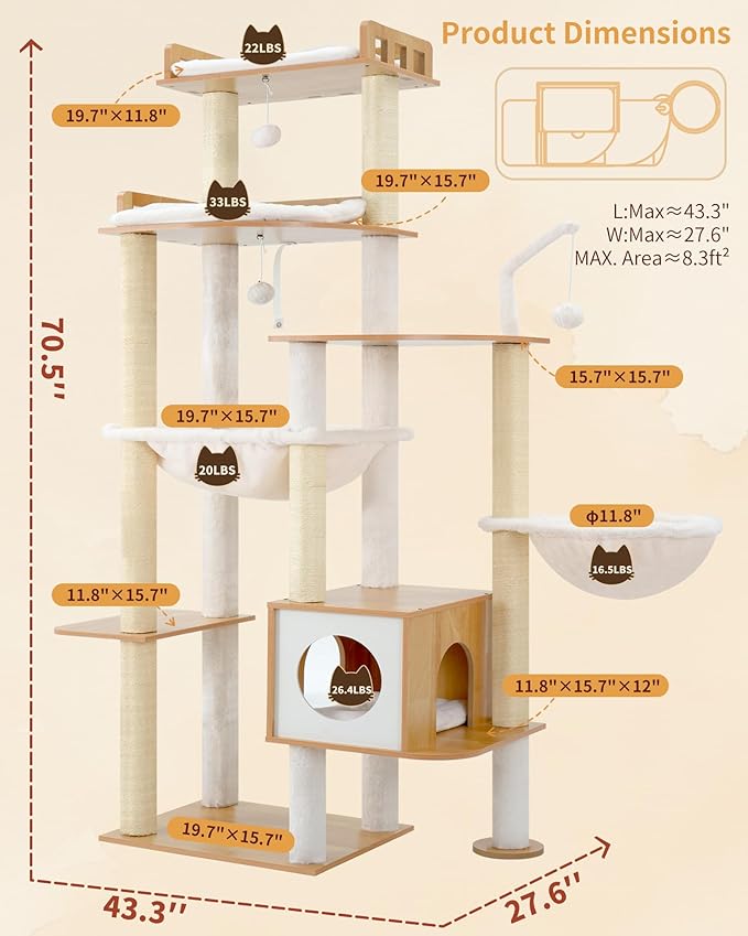 Heybly Cat Tree, 70.5 Inch Wood Tall Cat Tower - Image 4