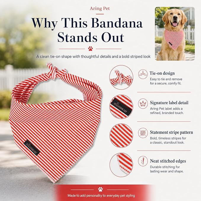 ARING PET Stripe Dog Bandanas, Cute Red Pet Bandana Scarf Triangle Bib - Image 4