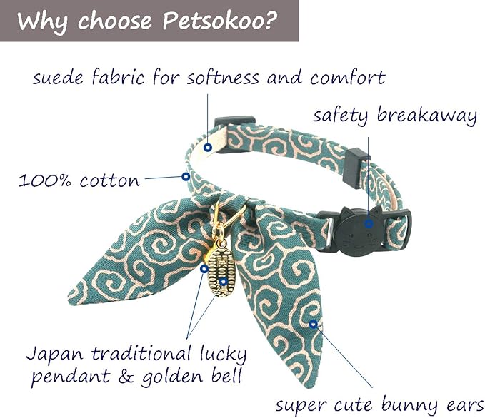 Bunny Ears Cat Collar, Japan Lucky ‘開三運’ Charm. Safety Breakaway Bowtie Kitten - Image 2