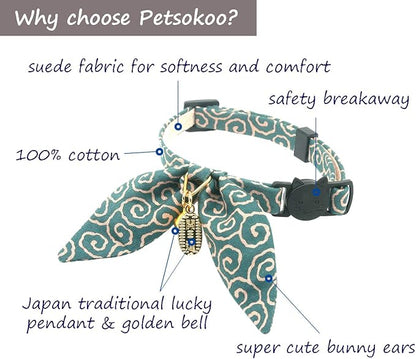 Bunny Ears Cat Collar, Japan Lucky ‘開三運’ Charm. Safety Breakaway Bowtie Kitten - Image 2