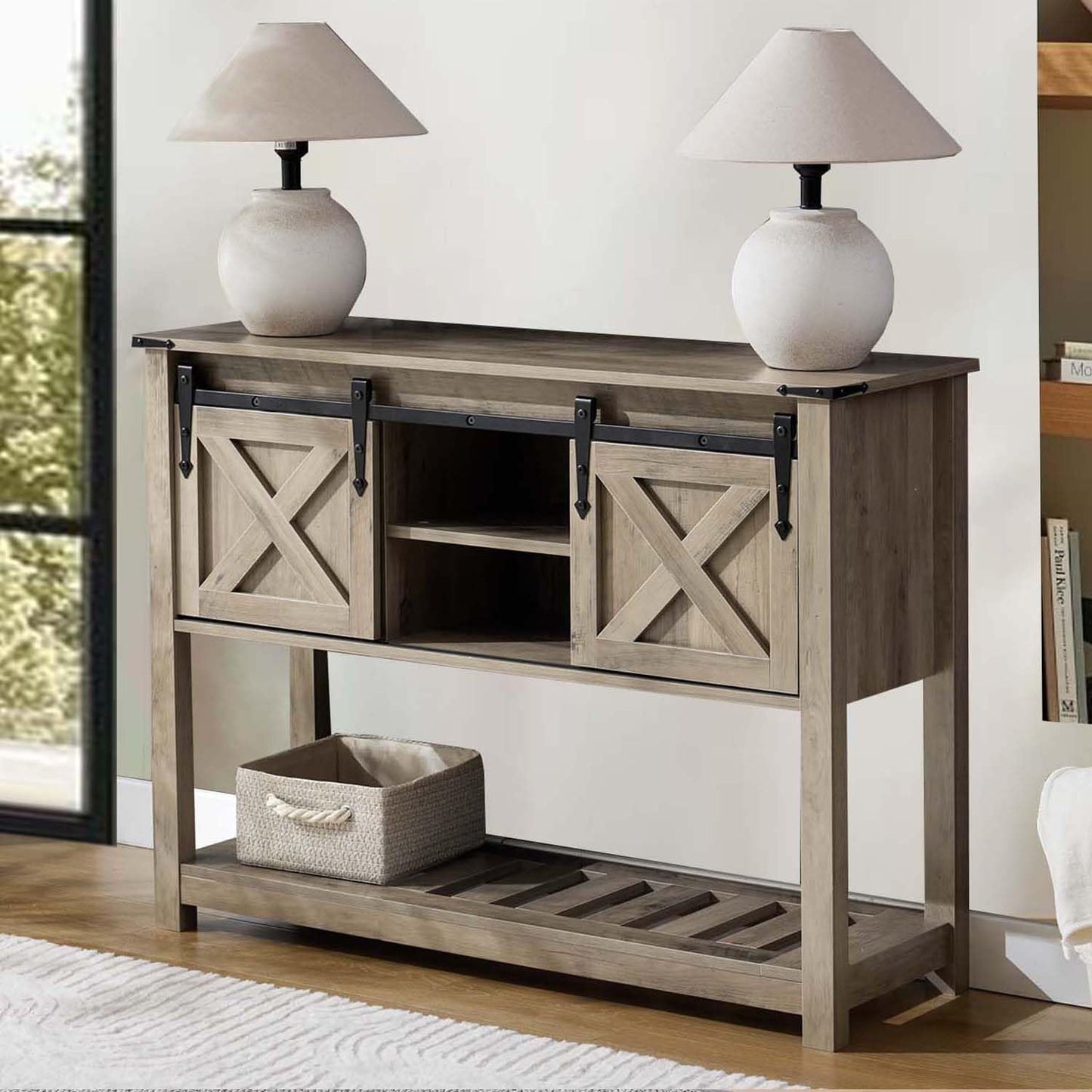 Entryway Table with Storage, Farmhouse Buffet Cabinet Coffee Bar Kitchen Island with Sliding Barn Doors & Shelves, Console Table for Kitchen, Dining Room, Living Room, Grey