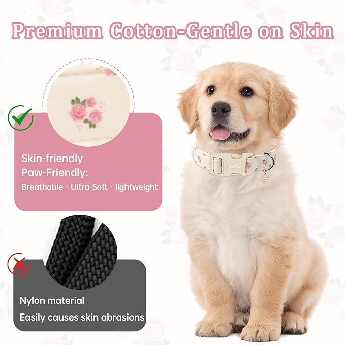 Floral Dog Collar, Spring Summer Pink Flower Pet Collar, Cute Cotton Puppy - Image 3