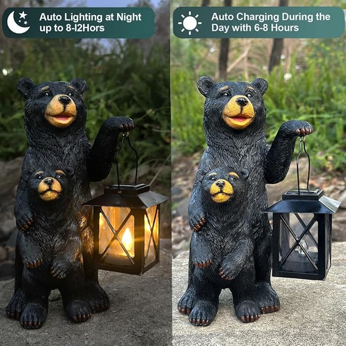 Black Bear Garden Statue with Solar Lantern, Bear Figurine Lights - Image 4