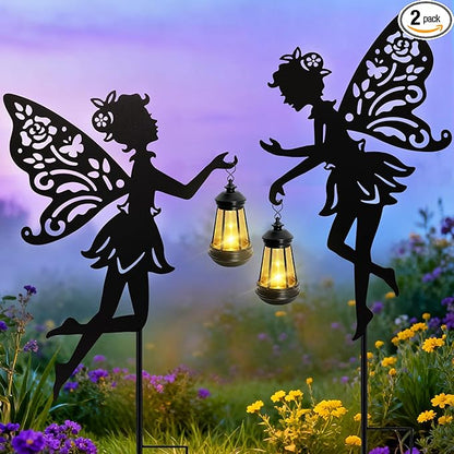 Solar Fairy Garden Lights Outdoor, 2 Pack Hanging Lantern Fairy Stakes by yulloyello