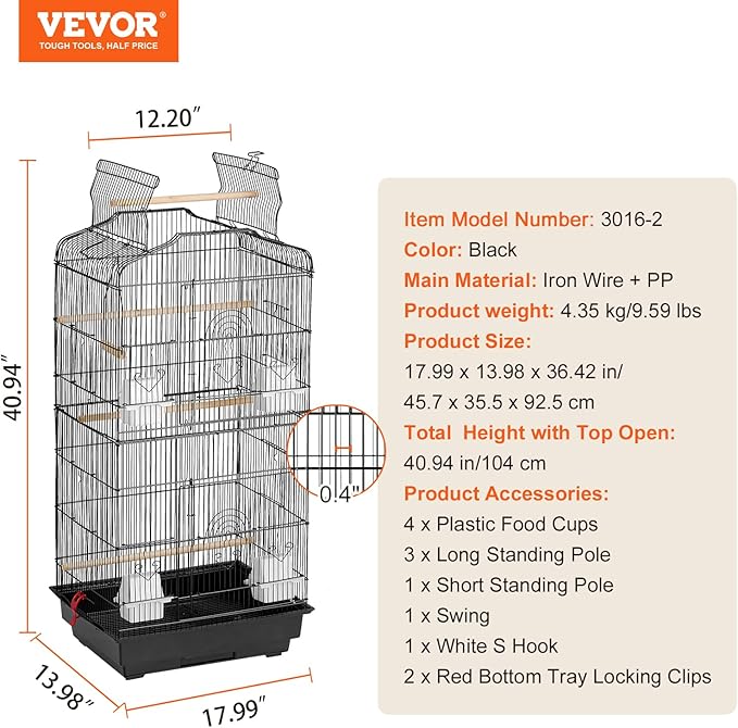 VEVOR 41-inch Open Top Large Parrot Bird Cage, Hanging Bird Cage - Image 7