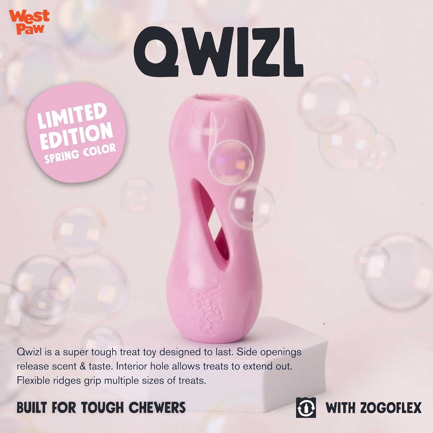 WEST PAW Zogoflex Qwizl Dog Puzzle Treat Toy – Interactive Chewing for Dogs – Dispenses Pet Treats – Brightly-Colored Dog Enrichment Toy for Aggressive Chewers, Fetch, Catch, Small 5.5", Bubblegum