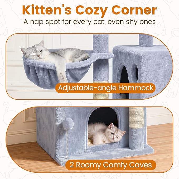 Cat Tree Tower with Scratching Post Hammock, 2 Condos Short Corner Climbing - Image 5