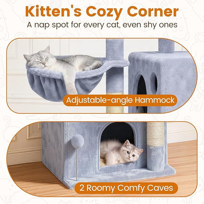 Cat Tree Tower with Scratching Post Hammock, 2 Condos Short Corner Climbing - Image 5