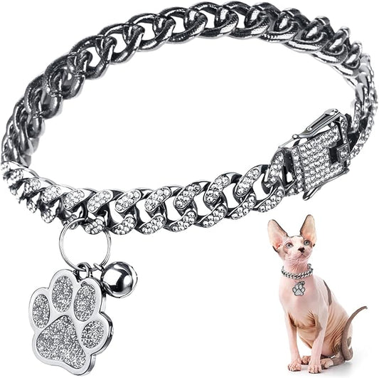 Hillban Cat Collar Diamond Chain Glitter Collar Walking Metal by Hillban