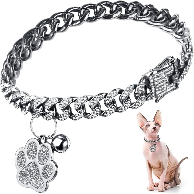 Hillban Cat Collar Diamond Chain Glitter Collar Walking Metal by Hillban
