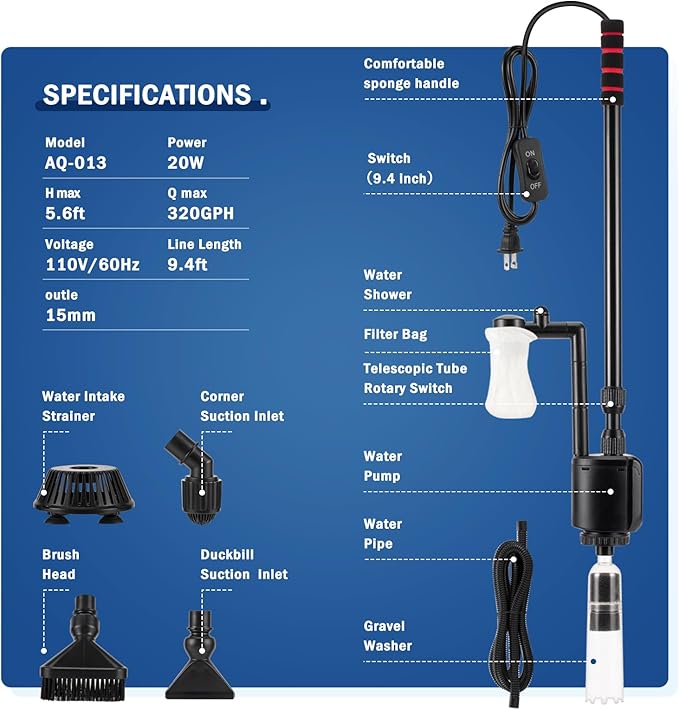 AQQA Electric Aquarium Vacuum Gravel Cleaner, 6 in 1 Automatic Fish Tank Vacuum - Image 7
