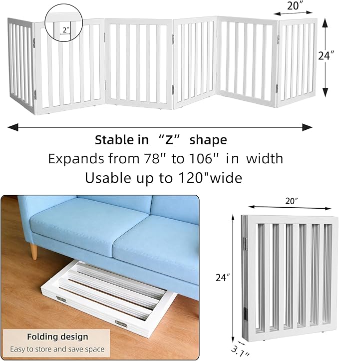 Foldable Indoor Dog Gate for The House Freestanding Stairs Nature Wooden White - Image 7