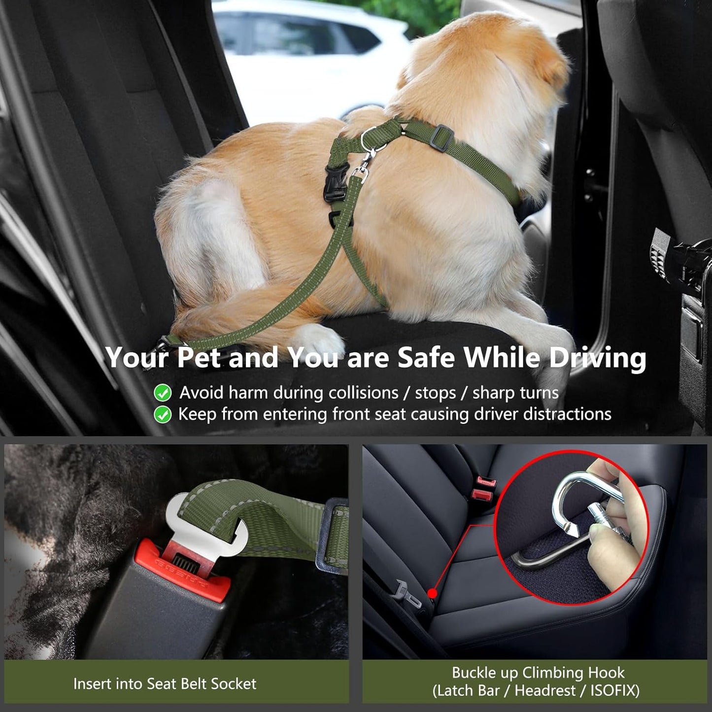 Dog Seat Belt Harness for Car, Dog Car Harness Adjustable Mesh Breathable & Dogs Seatbelt Safety Tether with Elastic Bungee for Small Medium Large Pets(Army Green, S)