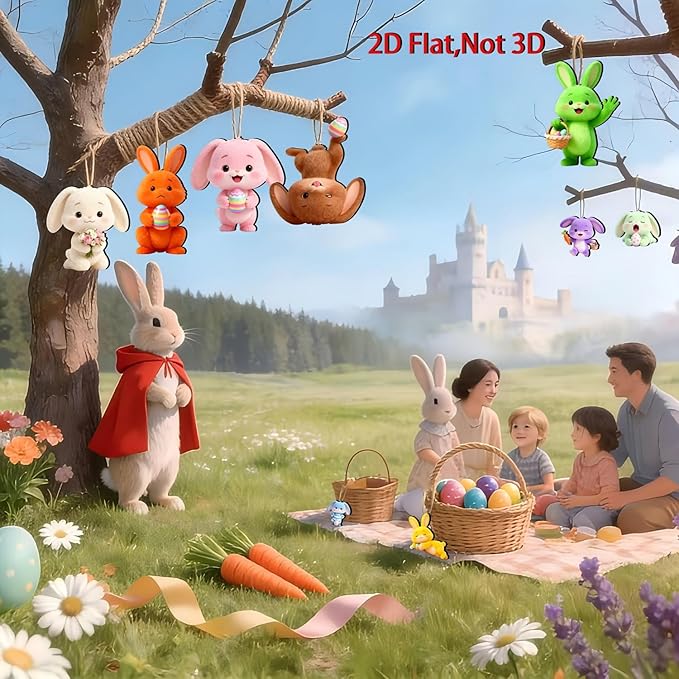 12 Pcs Easter Bunny Hanging Ornaments Cute 2D Wooden Easter Tree Ornaments - Image 3
