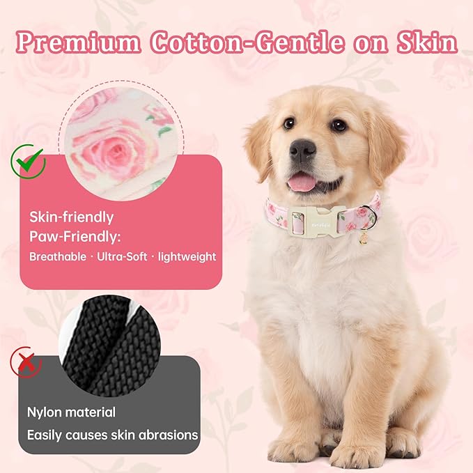 Spring Summer Dog Collar with Pink Rose, Adjustable Cotton Puppy Collars - Image 3