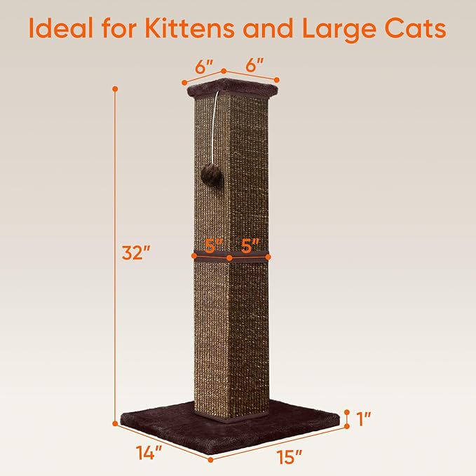 Cat Scratching Post 32 Inch for Indoor Large Cats and Kitten, Nature Sisal Tall - Image 2