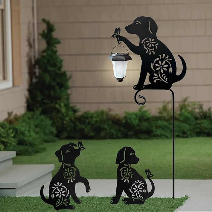 Dog Holding Solar Lantern Garden Stakes Outdoor Metal Dog Stakes Decorative - Image 3