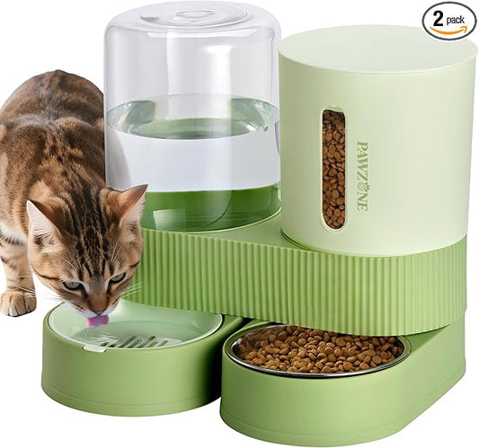 2 Pack Automatic Cat Feeder Stainless Steel Water Dispenser Gravity Food Feeder by Pawzone